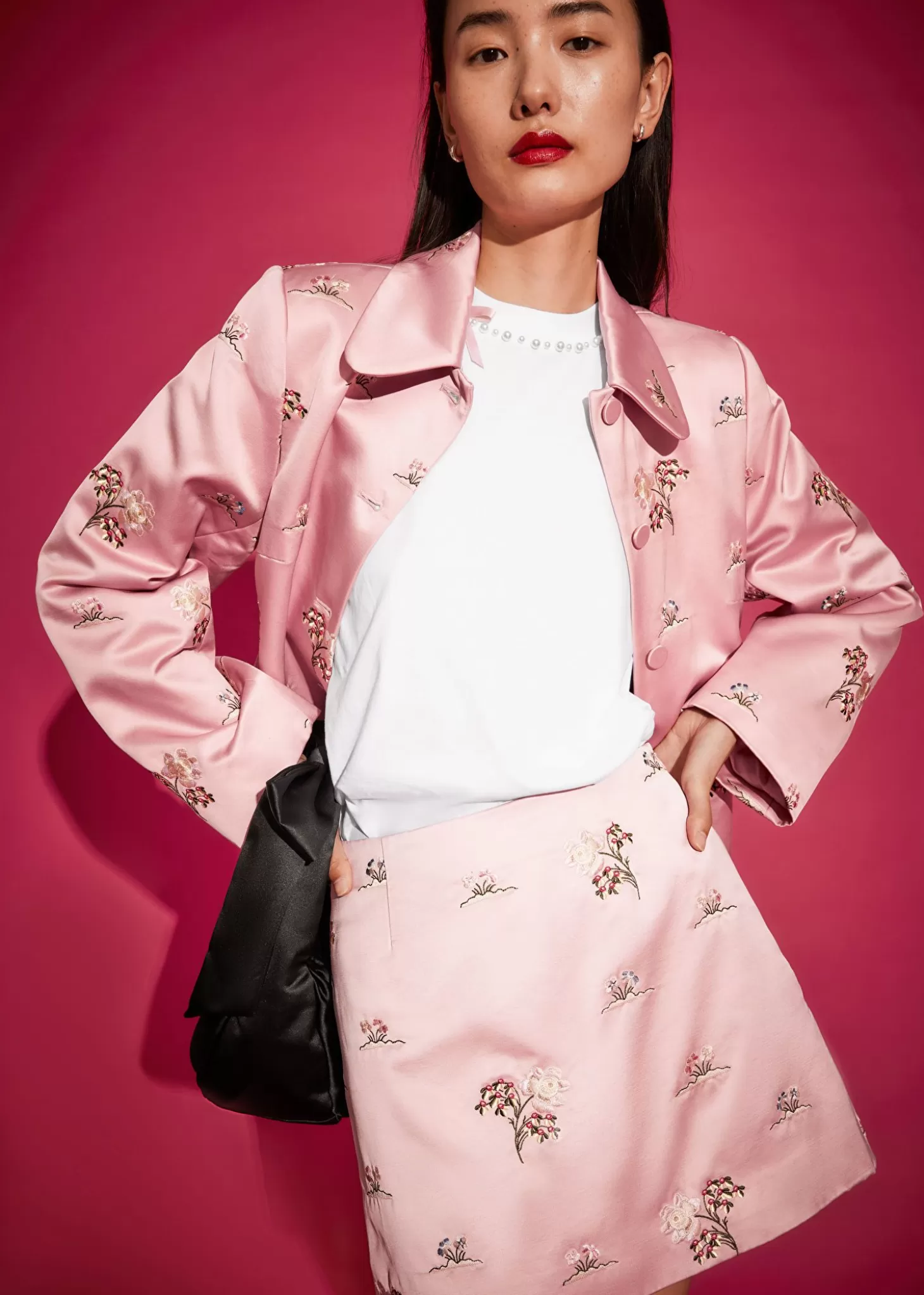 Other Stories - Abito Corto in Satin con Ricami Floreali, Rosa Chiaro | Outlet Elegante